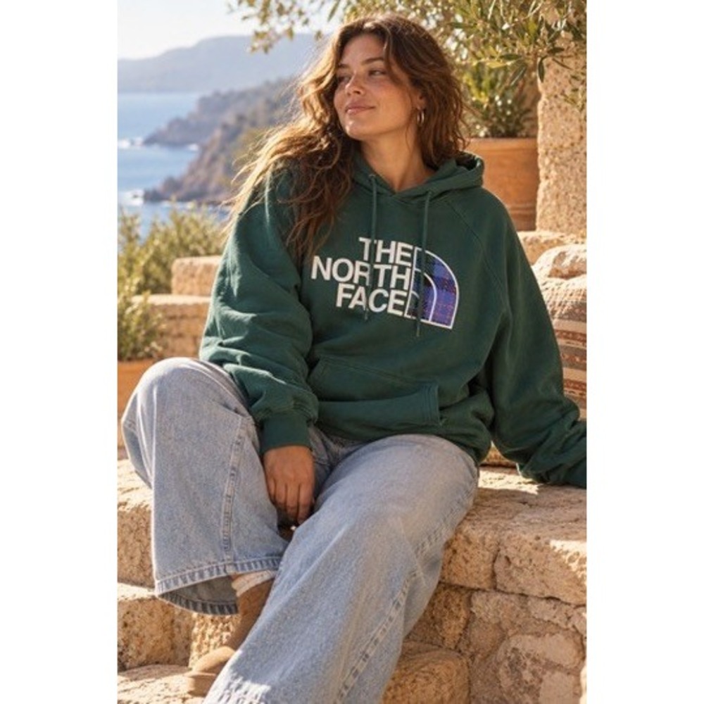 The North Face Womens Green Plaid Logo Pullover Hoodie Size Large NF0A3X6P